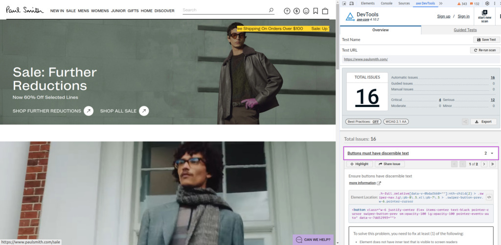 Magento Store Accessibility: Accessibility result for Paul Smith store