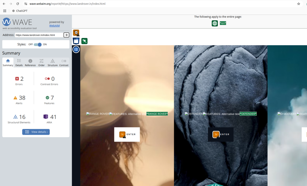 Magento Store Accessibility: WAVE Accessibility result for Land Rover company